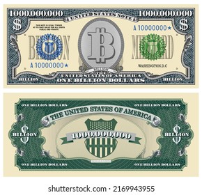 Vector fictional template obverse and reverse of US paper money. One billion dollars banknote. Oval and guilloche frames. Shield with ribbon. Milliard
