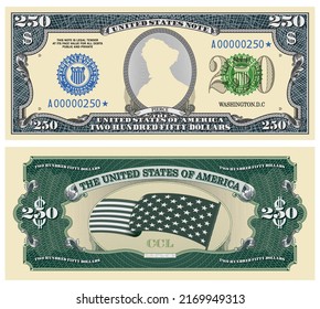 Vector fictional template obverse and reverse of US paper money. Two hundred fifty dollars banknote. Empty oval and guilloche frames. Wavy striped stary flag. Pierce