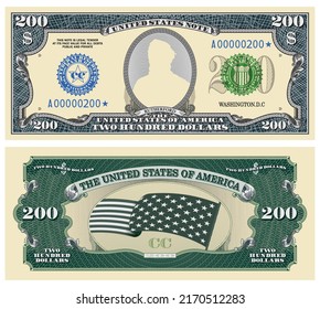 Vector fictional template obverse and reverse of US paper money. Two hundred dollars banknote. Empty oval and guilloche frames. Wavy striped stary flag. Rutherford svg