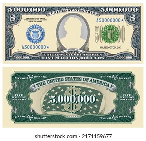 Vector fictional template obverse and reverse of US paper money. Five million dollars banknote. Oval and guilloche frames. Shield with ribbon. Thomas