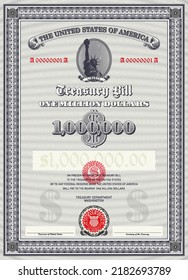 Vector fictional treasury bill worth one million US dollars. Gray frame with red seals, guilloche patterns, an oval, a ribbon with the inscription liberty