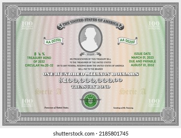 Vector fictional vintage one hundred million US dollar treasury bond. Oval with a silhouette, a ribbon with the inscription Jefferson. Retro frame, guilloche grid