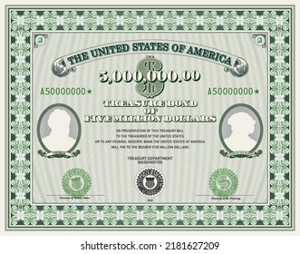 Vector fictitious blank of US Treasury bonds with a face value of five million dollars. Vintage guilloche frame with seals, symbols, ovals with silhouettes. Thomas and Martin Van Buren