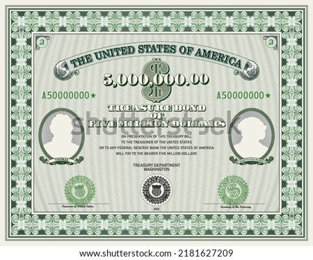 Vector fictitious blank of US Treasury bonds with a face value of five million dollars. Vintage guilloche frame with seals, symbols, ovals with silhouettes. Thomas and Martin Van Buren