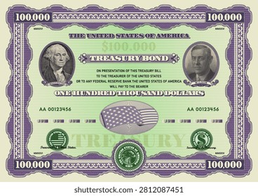 Vector fictitious Treasury bond. Denomination 100000 dollars US. Vintage banknote or cheque. Pixelated mosaic portraits of Washington and Wilson. Retro banknote. Openwork frame. One hundred thousand