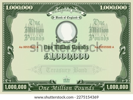 Vector fictitious UK one million dollars treasury bond. Green vintage frame with guilloche mesh. Banknote with a circle.