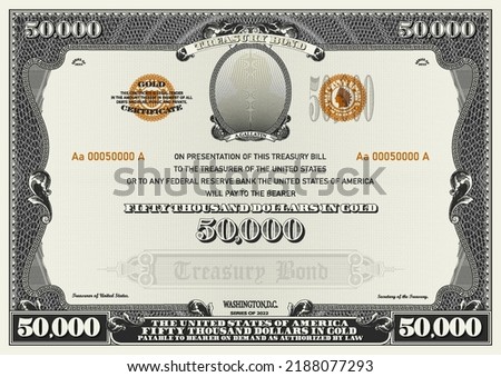 Vector fictitious US 50,000 dollars treasury bond. Gray vintage frame with guilloche mesh. Banknote with an oval and the inscription Gallatin