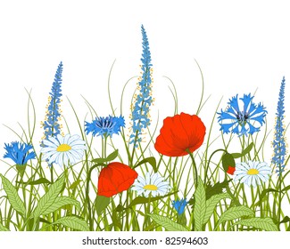 Vector field with fantasy flowers and grass.
