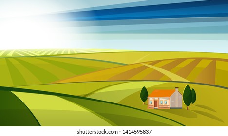 Vector field landscape and farm. Eco products, growing food.