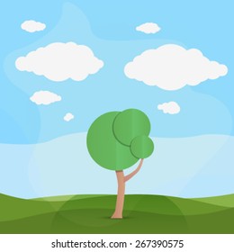 Vector field landscape illustration with a tree
