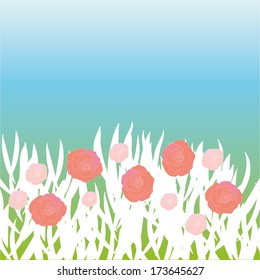 vector field with spring flowers and grass and blue sky