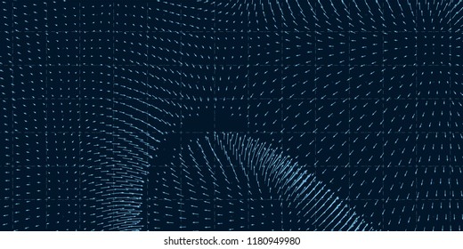 Visualización del campo vectorial de las fuerzas. Gráfico de fluctuaciones magnéticas o gravitacionales. Fondo científico con una matriz de arcos de magnitud y dirección. Representación de flujo. Interacción