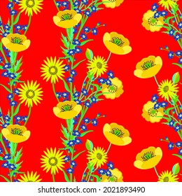 Vector - fieldflowers seamless pattern, poppies, forget-me-not camomile, watercolor illustration.