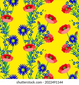 Vector - fieldflowers seamless pattern, poppies, forget-me-not camomile, watercolor illustration.