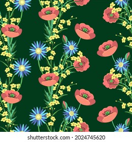 Vector - fieldflowers seamless pattern, poppies, forget-me-not camomile, watercolor illustration.