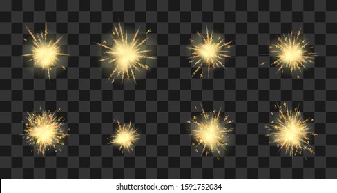 Vector fiery sparks effect set. Burning sparkler. Firework design on transparent background
