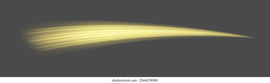 Vector fiery wavy gold tail. Colorful light trails, long time exposure motion blur effect. Glitter curve light effect of golden line. Magic yellow twirl PNG on transparent background. 