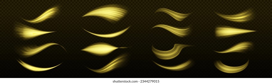 Vector fiery wavy gold tail. Colorful light trails, long time exposure motion blur effect. Glitter curve light effect of golden line. Magic yellow twirl PNG on transparent background. 