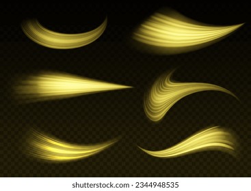 Vector fiery wavy gold tail. Colorful light trails, long time exposure motion blur effect. Glitter curve light effect of golden line. Magic yellow twirl PNG on transparent background. 