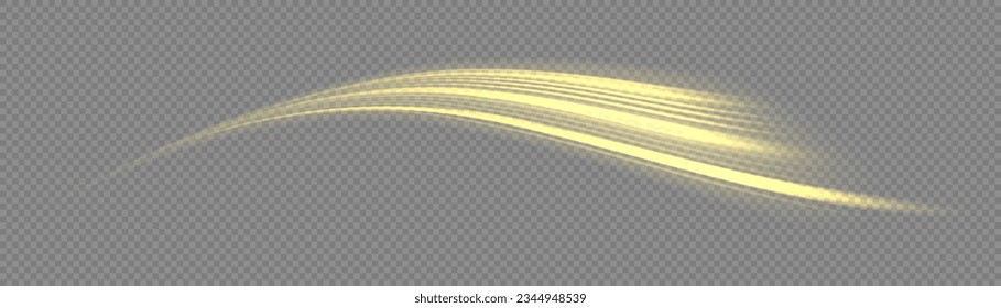 Vector fiery wavy gold tail. Colorful light trails, long time exposure motion blur effect. Glitter curve light effect of golden line. Magic yellow twirl PNG on transparent background. 