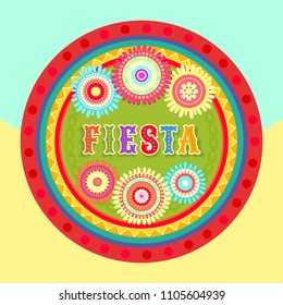 Vector fiesta postcard with abstract ornate flowers and colorful decorative text in circle frame. Event vector illustration with Cinco de Mayo text