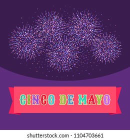 Vector fiesta postcard with bright fireworks and colorful text on flat ribbon. Event vector illustration