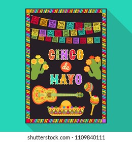 Vector fiesta postcard with icons of blossom cactus, sombrero, maraca, guitar and decorative text in ornate frame. Event vector illustration with mexican design elements