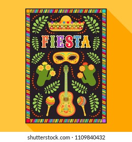 Vector fiesta postcard with icons of blossom cactus, sombrero, maraca, guitar and decorative text in ornate frame. Event vector illustration with mexican design elements and foliage ornament