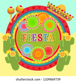 Vector fiesta postcard with icons of blossom cactus, sombrero, maraca, paper fan and decorative text in circle ornate frame. Event vector illustration with mexican design elements