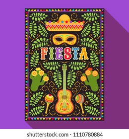 Vector fiesta postcard with icons of blossom cactus, sombrero, maraca, guitar and decorative text in ornate frame. Event vector illustration with mexican design elements and foliage ornament