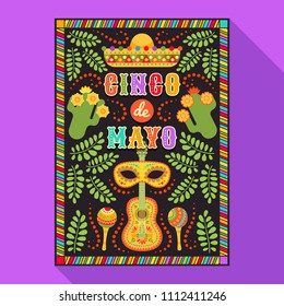 Vector fiesta postcard with icons of blossom cactus, sombrero, maraca, guitar and decorative text in ornate frame. Event vector illustration with mexican design elements and foliage ornament