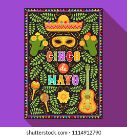 Vector fiesta postcard with icons of blossom cactus, sombrero, maraca, guitar and decorative text in ornate frame. Event vector illustration with mexican design elements and foliage ornament