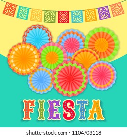 Vector Fiesta Postcard With Paper Fans, Lace Flags And Colorful Decorative Text. Event Vector Illustration With Mexican Design Elements