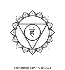 Vector fifth Vishuddha throat chakra sanskrit seed mantra Ham hinduism syllables on lotus petals. Dot work tattoo style hand drawn black monochrome symbol on white isolated background for meditation