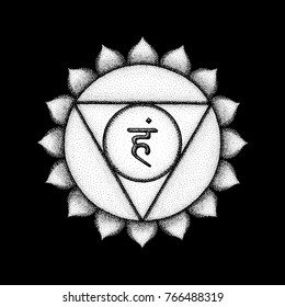 Vector fifth Vishuddha throat chakra sanskrit seed mantra Ham hinduism syllable lotus petals. Dot work tattoo style hand drawn white monochrome symbol on black background for yoga meditation practices