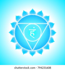 Vector fifth Vishuddha throat chakra sanskrit seed mantra Ham hinduism syllable lotus petals. Dot work tattoo style hand drawn white monochrome symbol on light blue background for yoga meditation
