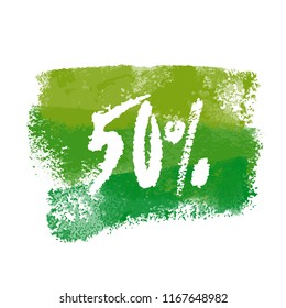 Vector Fifty percent label. Hand written sign on watercolor banner. Vector white on colorful backdrop. Clipping paths included.