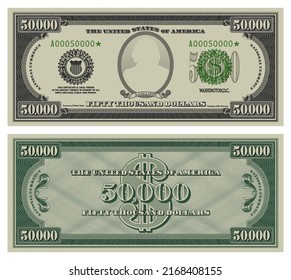 Vector fifty thousand dollars banknote. Gray obverse and green reverse fictional US paper money in style of vintage american cash. Frame with guilloche mesh and bank seals. A.Gallatin.