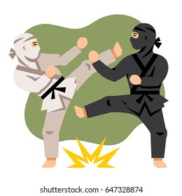 Vector Fight Black and White Ninja. Flat style colorful Cartoon illustration.