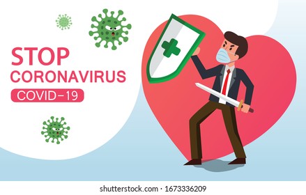 Vector Fight virus. Cartoon man character fighting with virus. Coronavirus Covid-19.