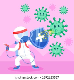 Vector Fight virus. Cartoon man character fighting with virus. COVID-19 Novel Coronavirus.