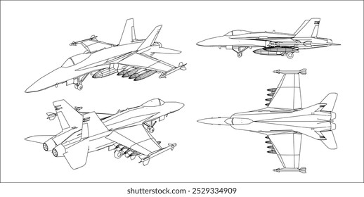 vector fighter jet plane blueprint line drawing isolated on transparent background