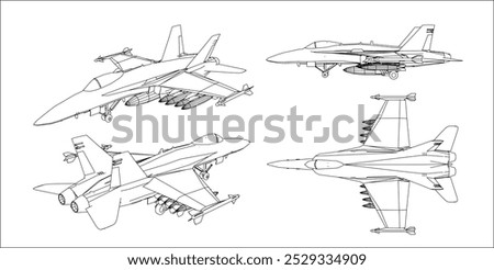 vector fighter jet plane blueprint line drawing isolated on transparent background