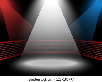 Vector fighting arena background, opponents rivalry battle concept, floodlights illuminating the boxing ring, red blue corners