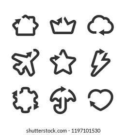 Vector figure arrow set. Basic shape direction cursor arrows with home, crown, cloud, plane, star, lightning, pinion, umbrella and heart moving pointer elements.