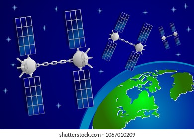 Vector figure of an artificial satellite rotating around the planet Earth on a blue sky background with stars