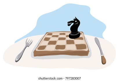 vector figure of black horse on chessboard next to fork and knife 