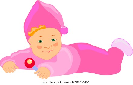 vector figure of a cheerful kid lying on his stomach with a toy in his hand