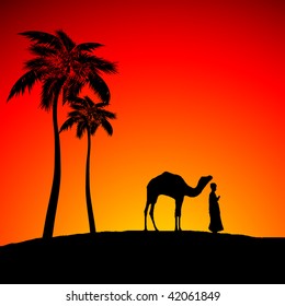 Vector figure of desert with a men and lonely camel