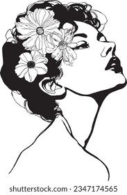 Vector Figure Drawing with flowers, art portraits, and illustrations, black and white delicate line drawings